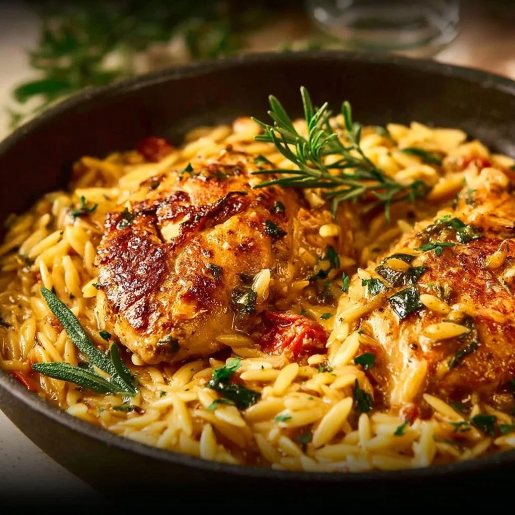 Tuscan Chicken & Orzo Skillet 3 Tuscan Chicken & Orzo Skillet served in a cast iron pan with herbs and vegetables