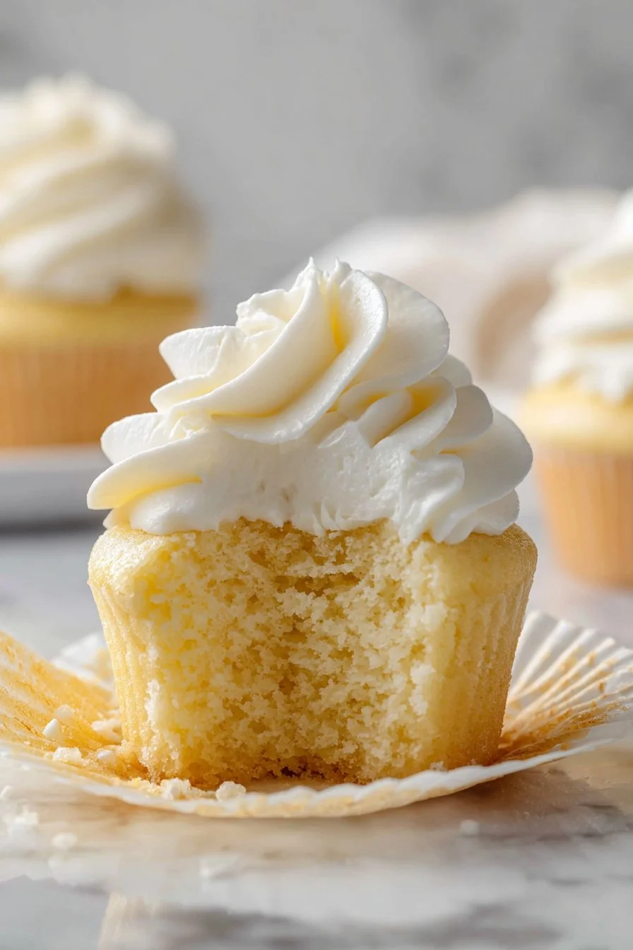 Ultra Soft and Moist Vanilla Cupcakes 3 Ultra soft and moist vanilla cupcakes topped with creamy frosting