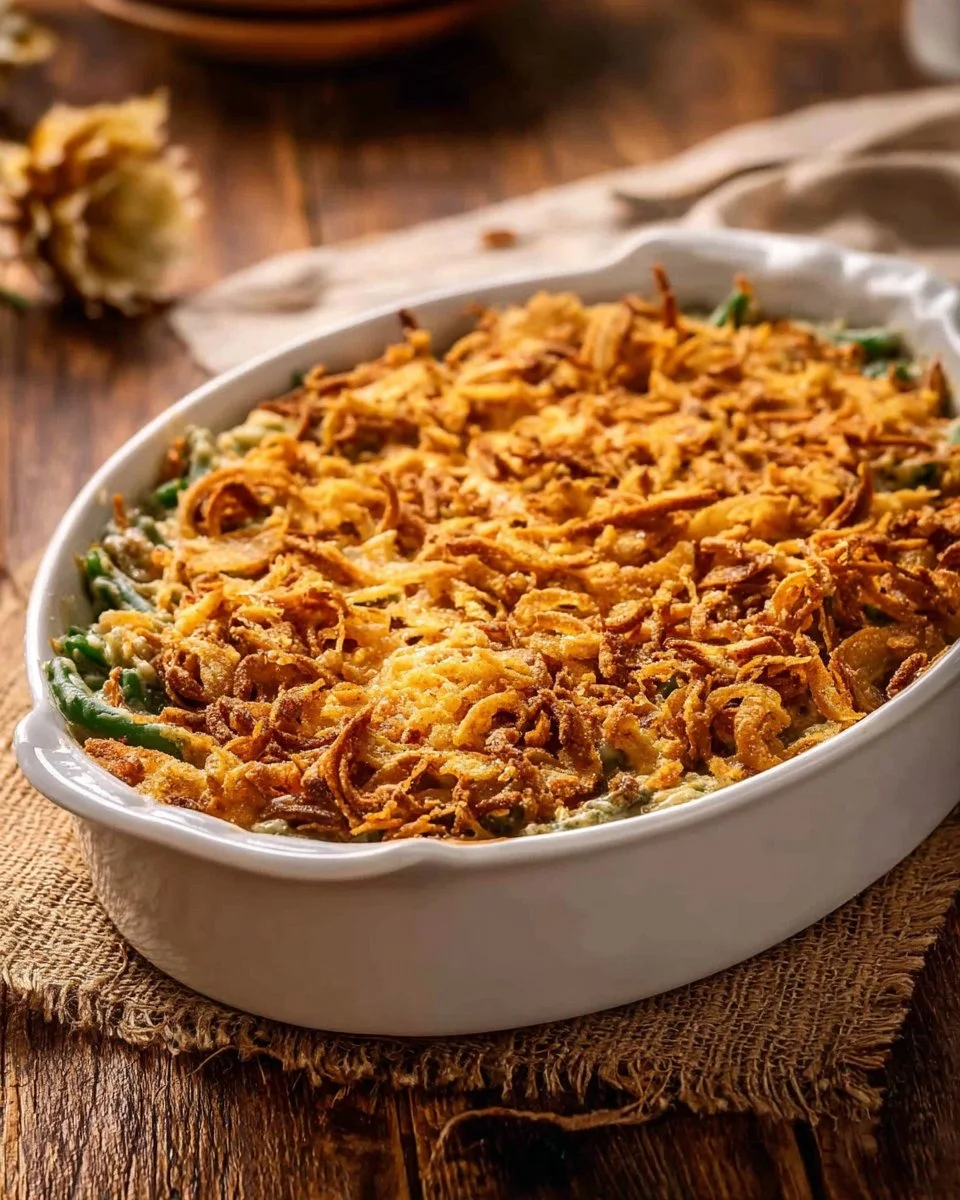 Vegan Green Bean Casserole 3 Vegan green bean casserole topped with crispy onions and savory mushrooms