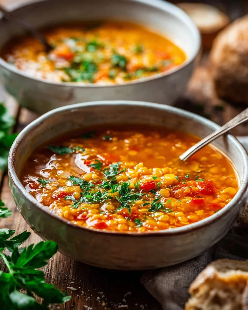 Vegan Red Lentil Stew 3 Delicious vegan red lentil stew in a bowl, garnished with fresh herbs.