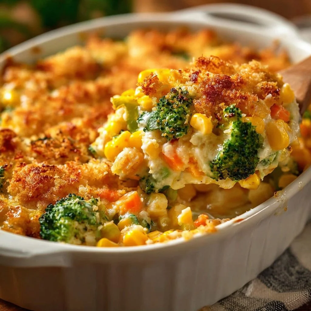 Vegetable Casserole 3 Delicious homemade vegetable casserole served in a baking dish.
