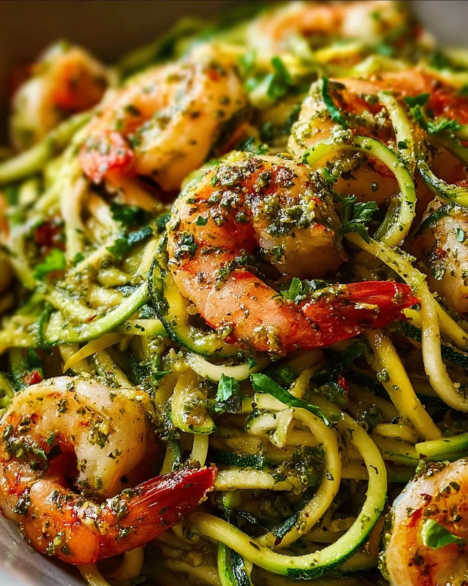 Zucchini Noodles with Pesto and Shrimp 3 Zucchini noodles topped with pesto and shrimp for a healthy meal.