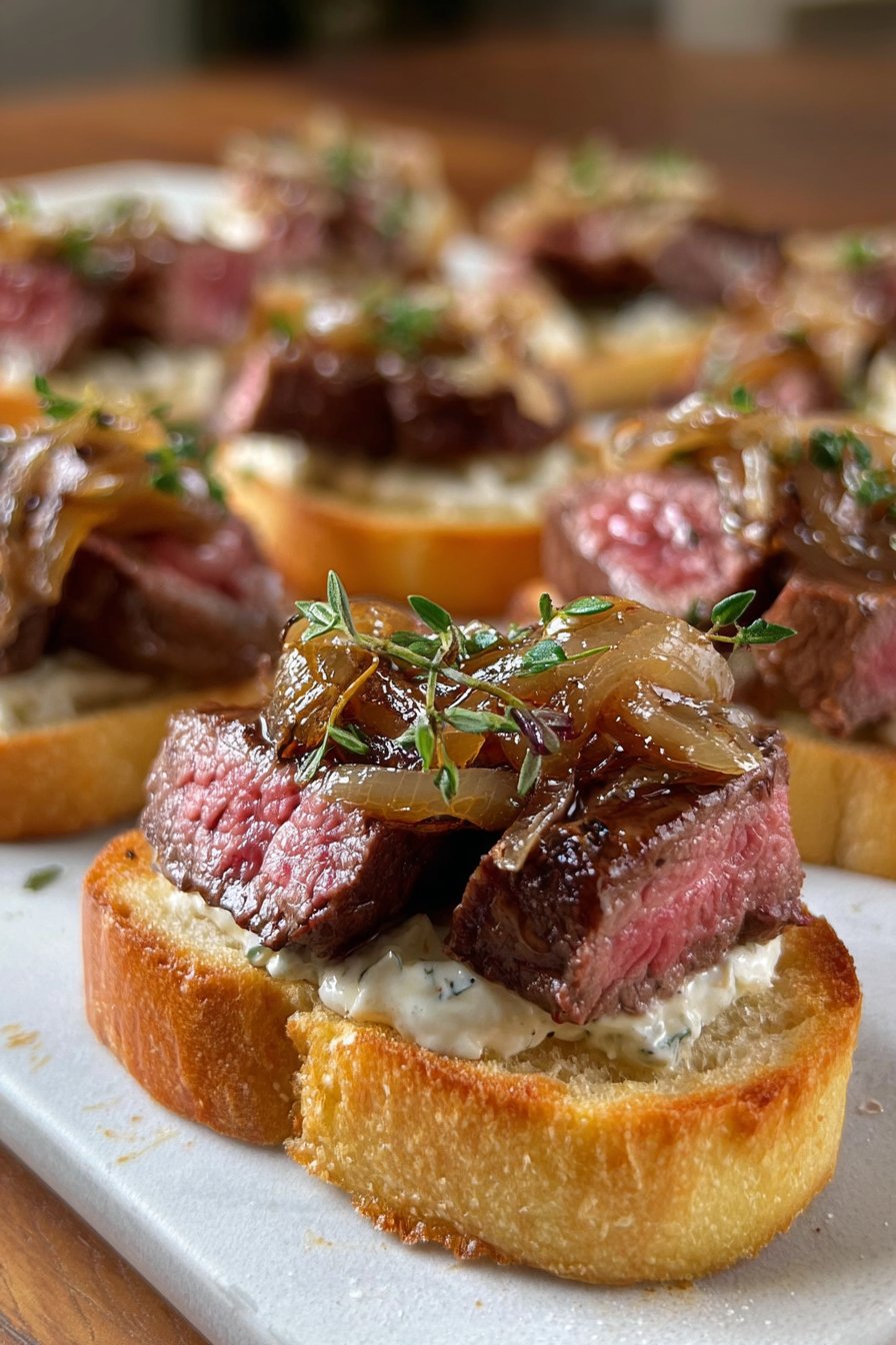 Steak Crostini with a Creamy Horseradish Sauce and Caramelized Onions