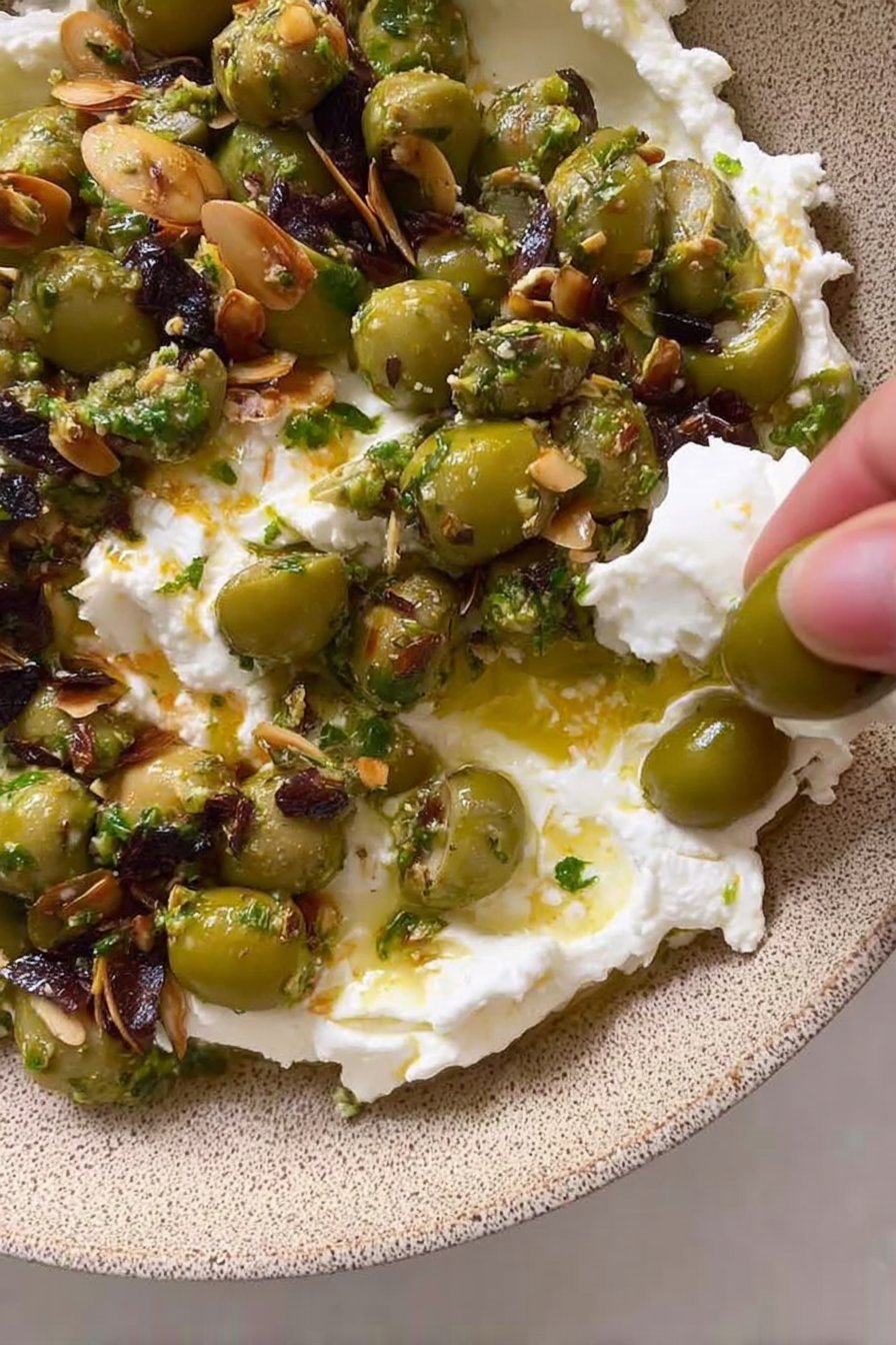 Ricotta with crushed olives, almonds & lemon 2 Ricotta with crushed olives, almonds & lemon