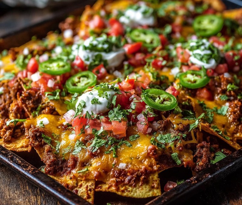 Sheet Pan Nachos 3 Delicious sheet pan nachos topped with cheese, jalapeños, and guacamole