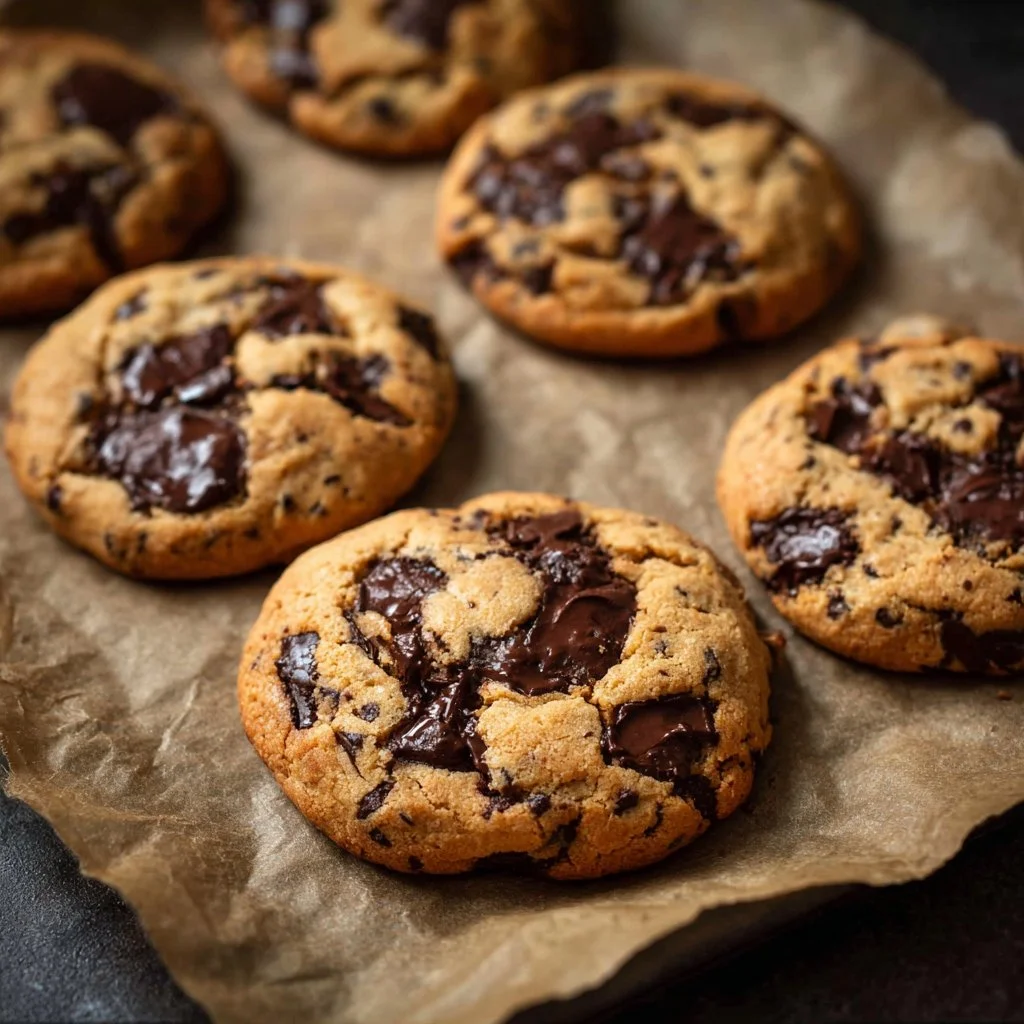 Air Fryer Chocolate Chip Cookies 3 Freshly baked air fryer chocolate chip cookies on a plate