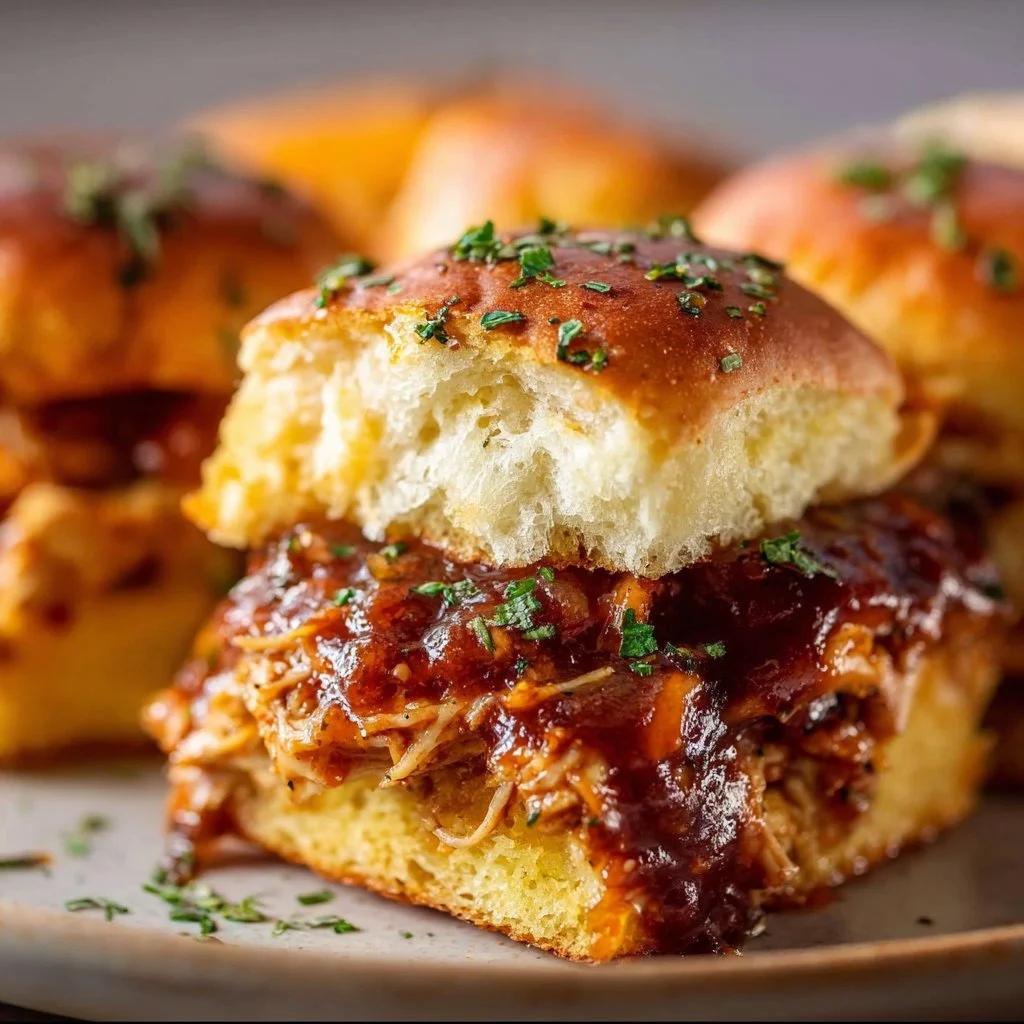 BBQ Chicken Sliders 3 BBQ chicken sliders served on a wooden platter with fresh toppings