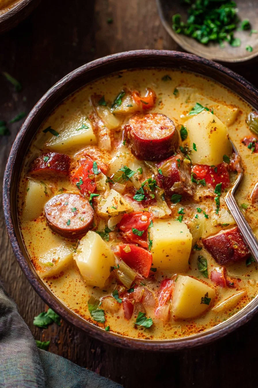 Cajun Potato Soup 3 A bowl of hearty Cajun Potato Soup garnished with green onions.