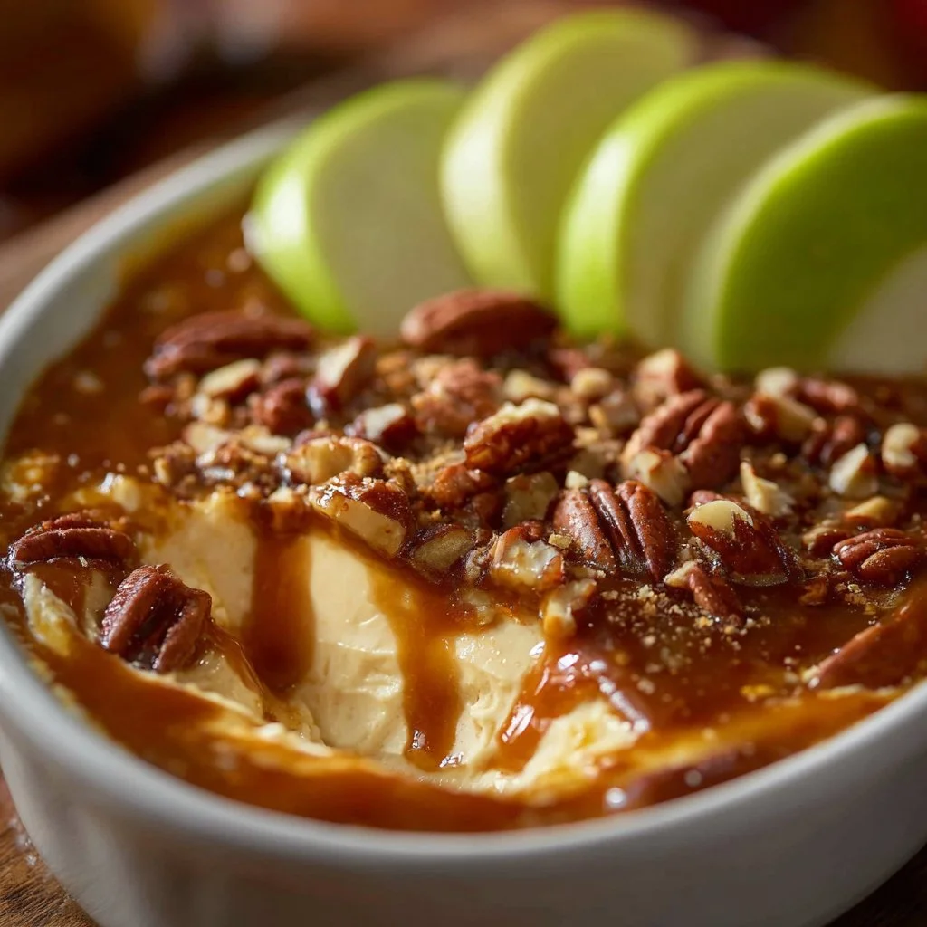 Caramel Apple Cheesecake Dip 3 Delicious Caramel Apple Cheesecake Dip served in a bowl with apple slices.