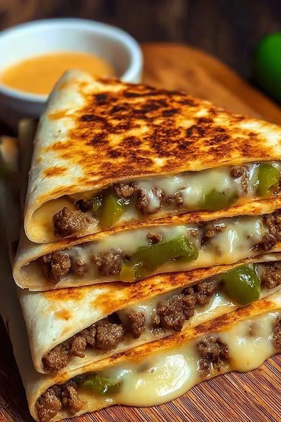 Cheeseburger Quesadilla 3 Mouthwatering cheeseburger quesadilla with melty cheese and savory beef