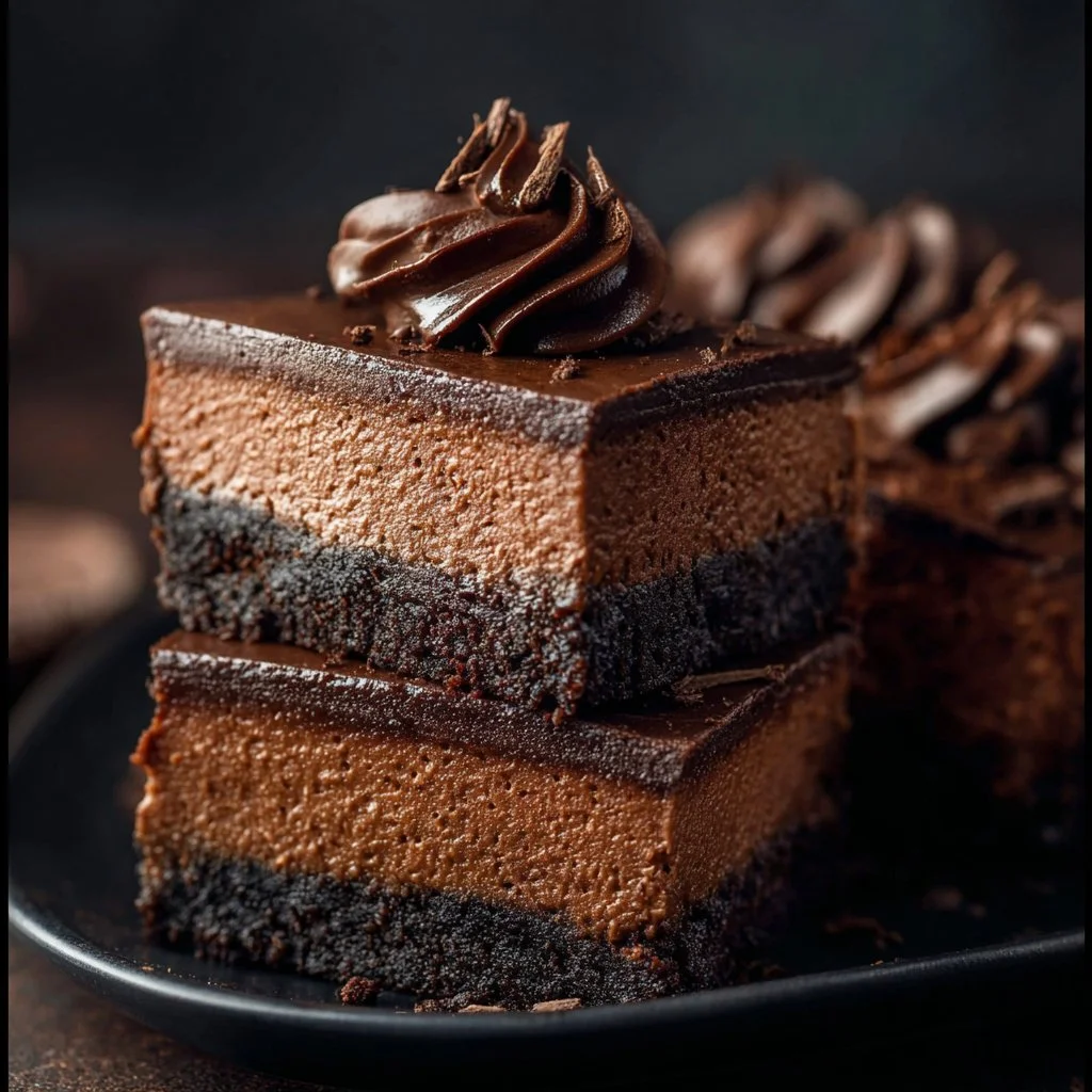 Chocolate Cheesecake Bars: Rich, Creamy & Easy Treats 3 Delicious chocolate cheesecake bars topped with chocolate drizzle