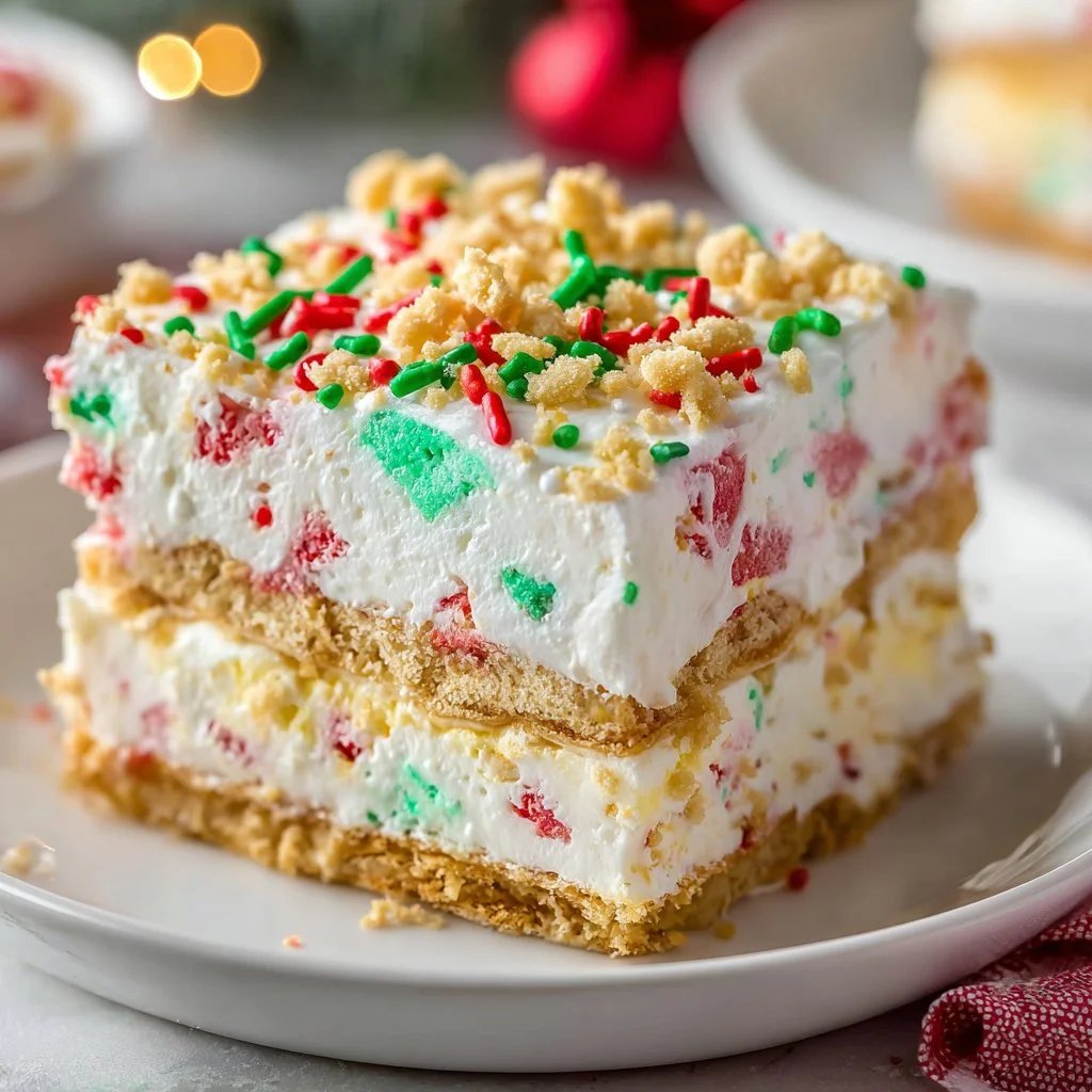 Christmas Cookie Lasagna Dessert 3 Delicious Christmas Cookie Lasagna dessert layered with festive flavors