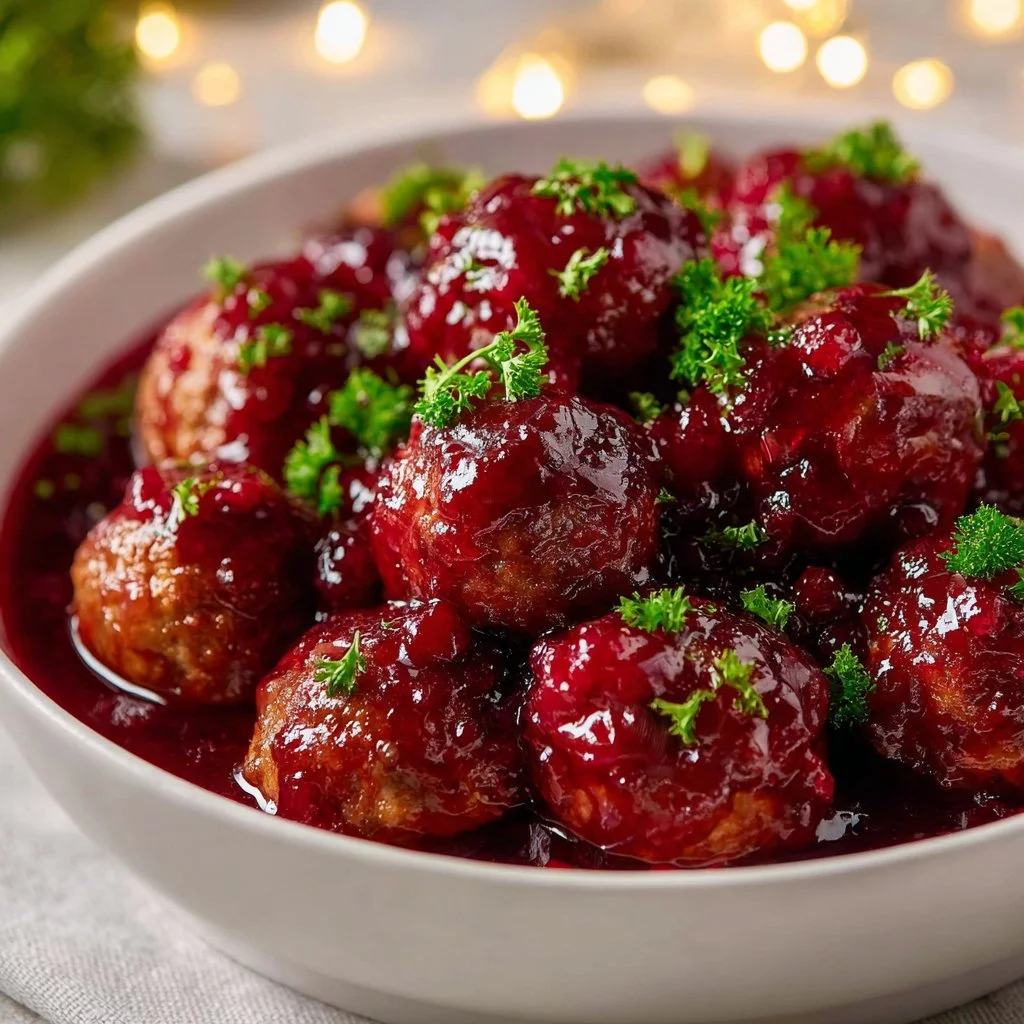 Christmas Cranberry Meatballs 3 Festive Christmas Cranberry Meatballs served on a platter for holiday parties