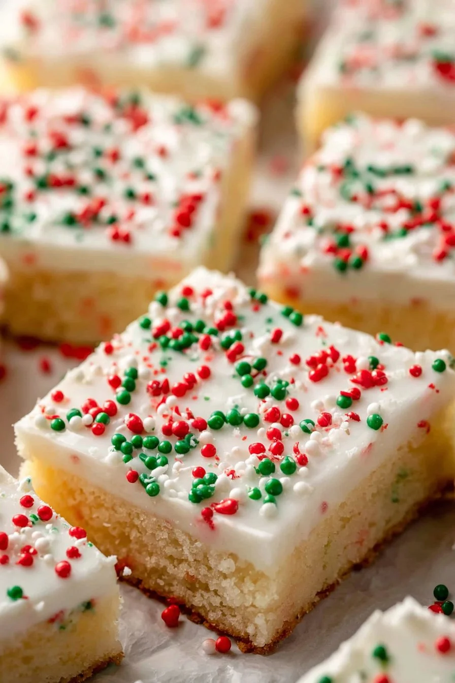 Christmas Sugar Cookie Bars 3 Festive Christmas sugar cookie bars topped with colorful sprinkles