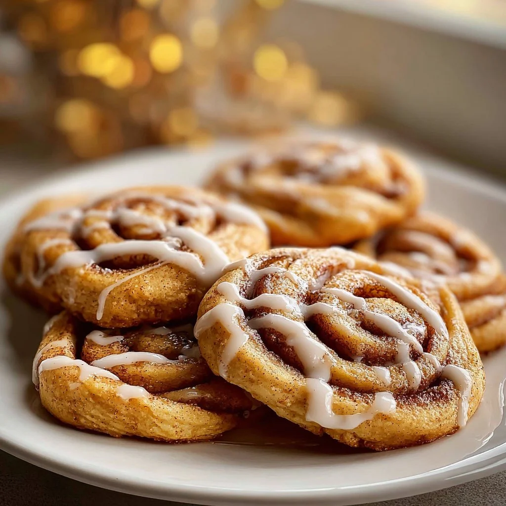 Cinnamon Roll Cookies 3 Freshly baked cinnamon roll cookies drizzled with icing on a plate.