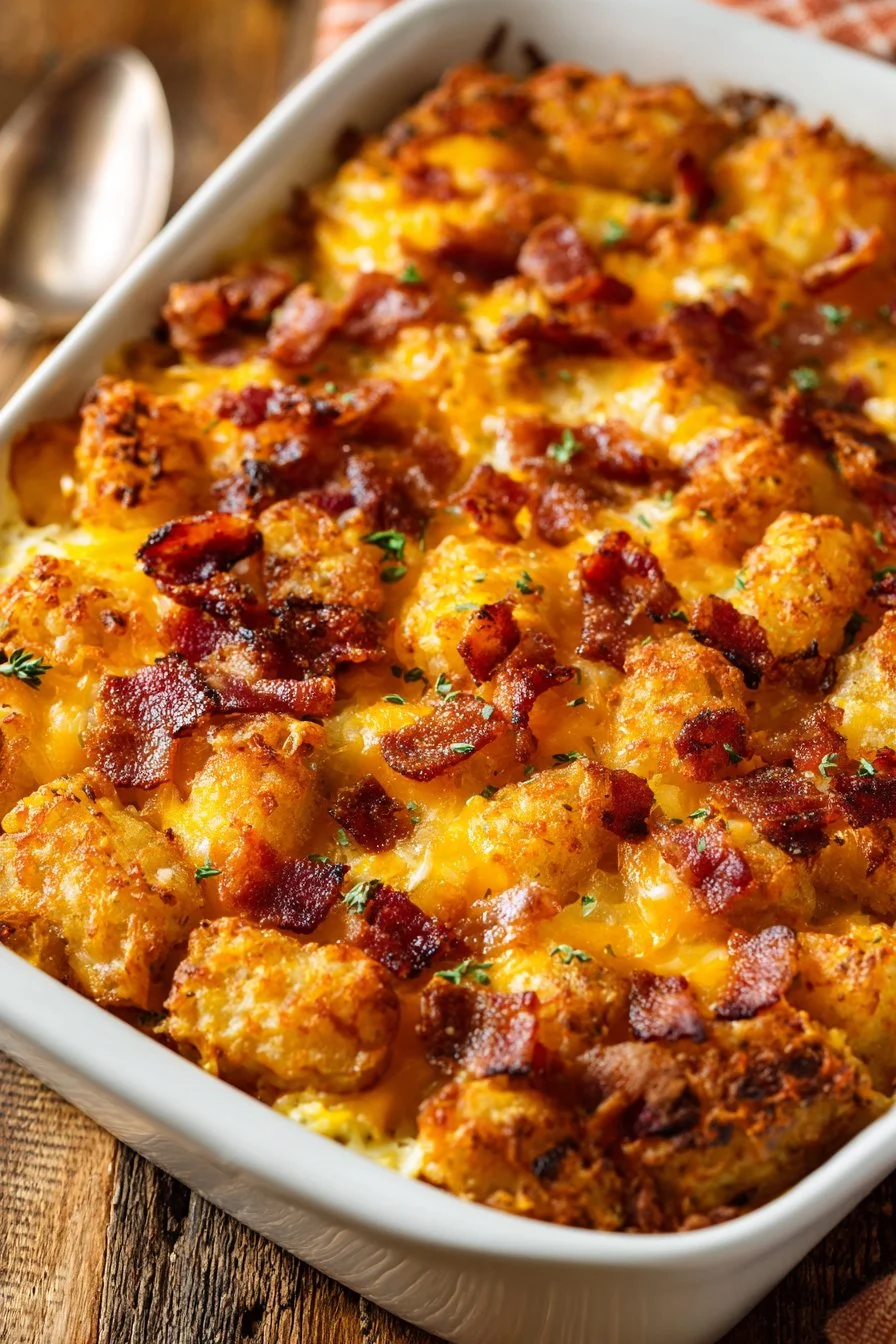 Cracked Out Tater Tot Breakfast Casserole 3 Cracked Out Tater Tot Breakfast Casserole in a baking dish topped with cheese and bacon.