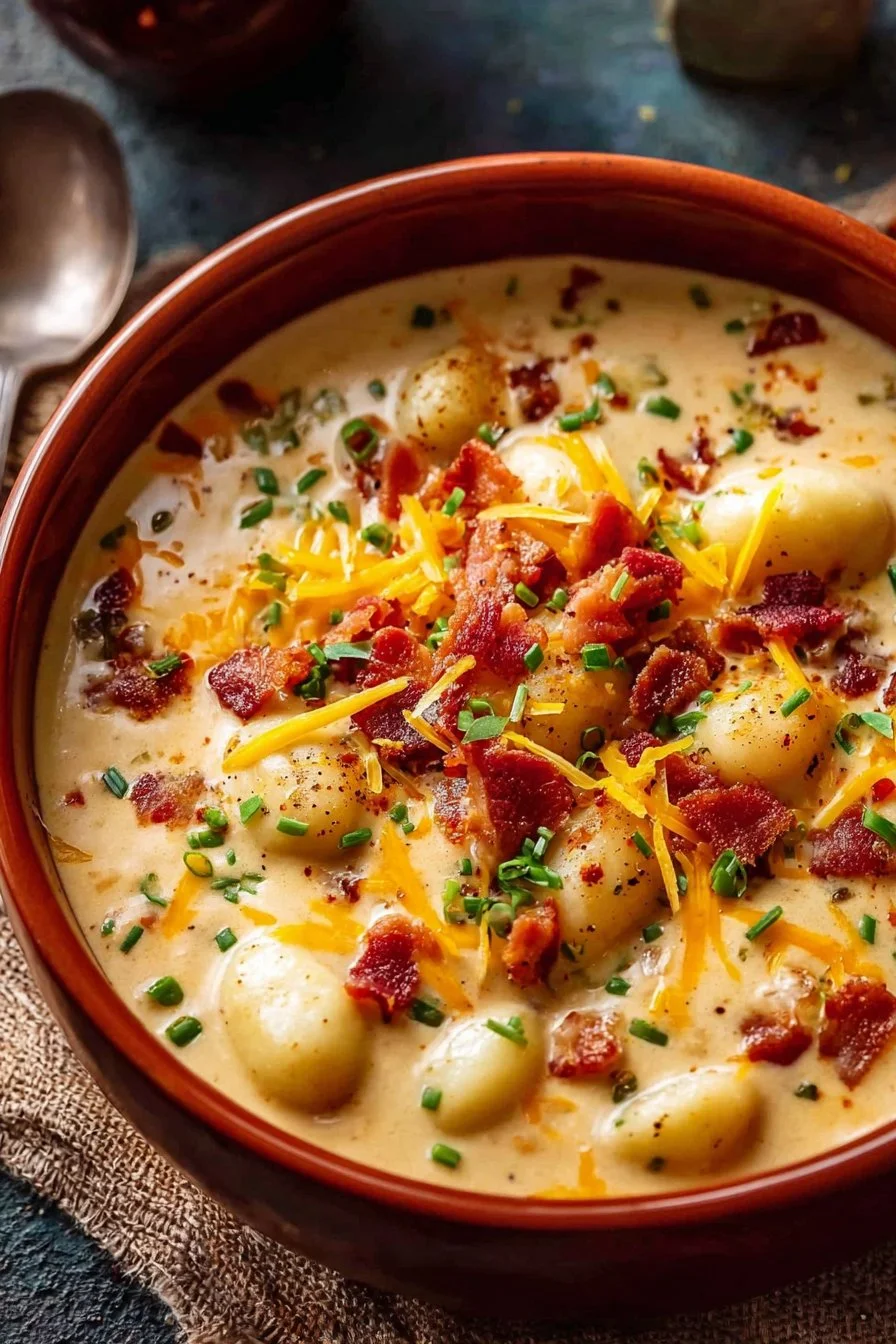 Creamy Bacon and Cheddar Gnocchi Delight 3 Creamy bacon gnocchi with cheddar cheese in a delicious bowl