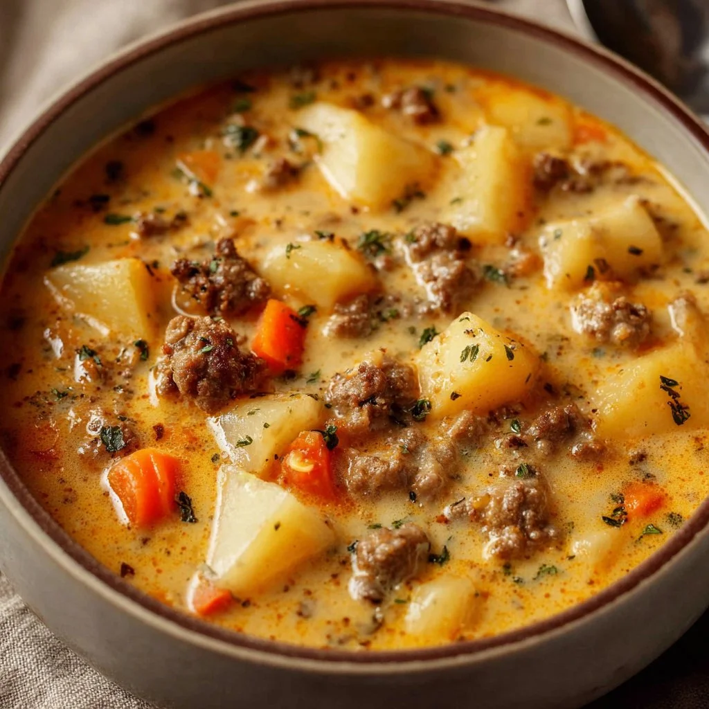 Crockpot Creamy Potato & Hamburger Soup 3 Bowl of creamy potato and hamburger soup made in a crockpot