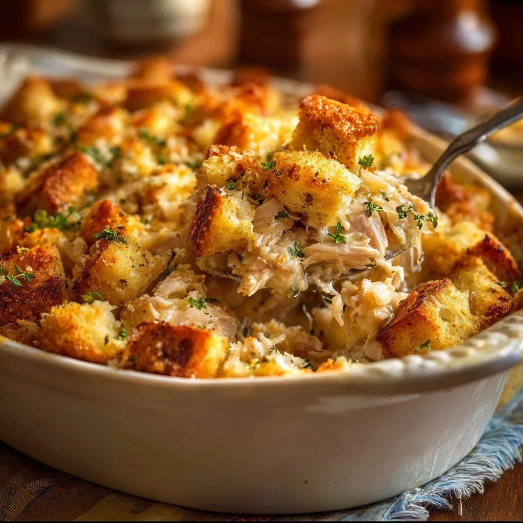 Dolly's Chicken and Stuffing Casserole 3 Baked Dolly's Chicken and Stuffing Casserole topped with golden breadcrumbs