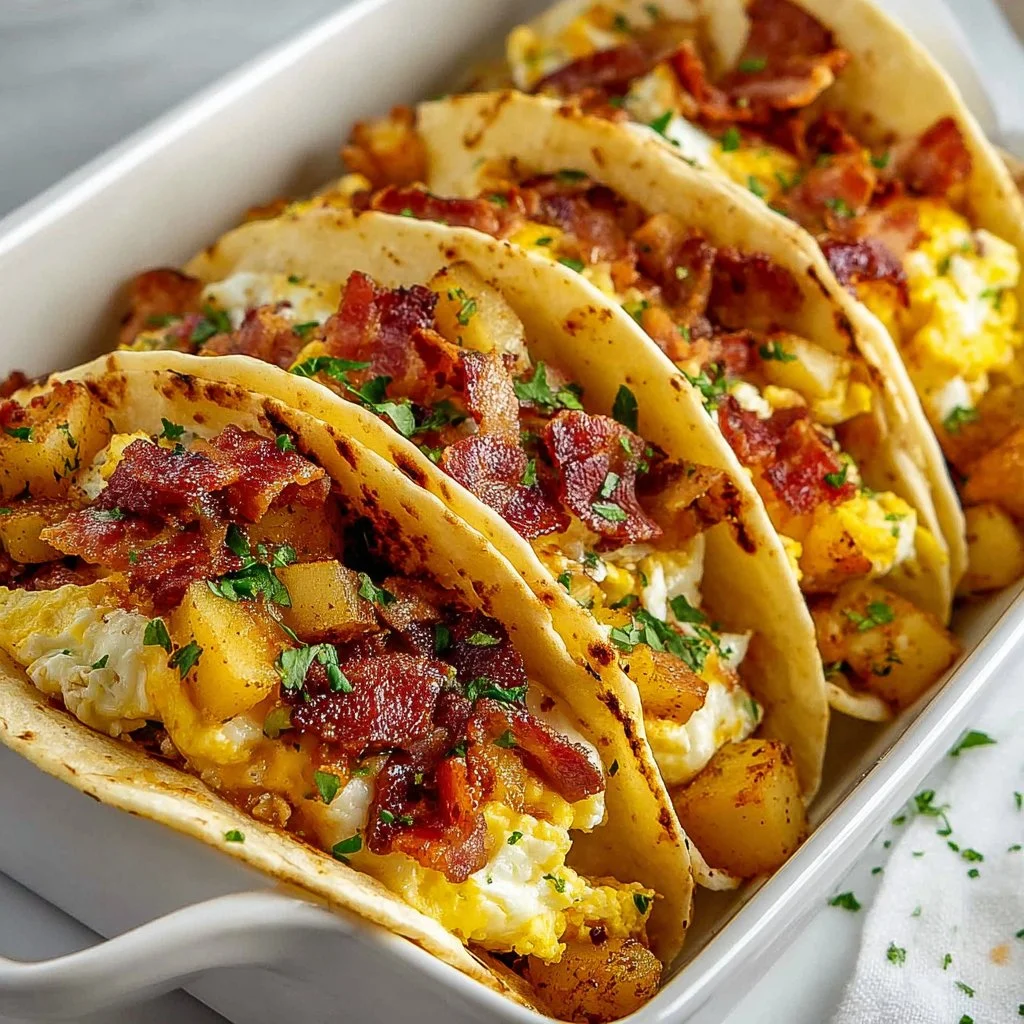 Easy Baked Breakfast Tacos 3 Easy baked breakfast tacos served on a white plate with toppings.