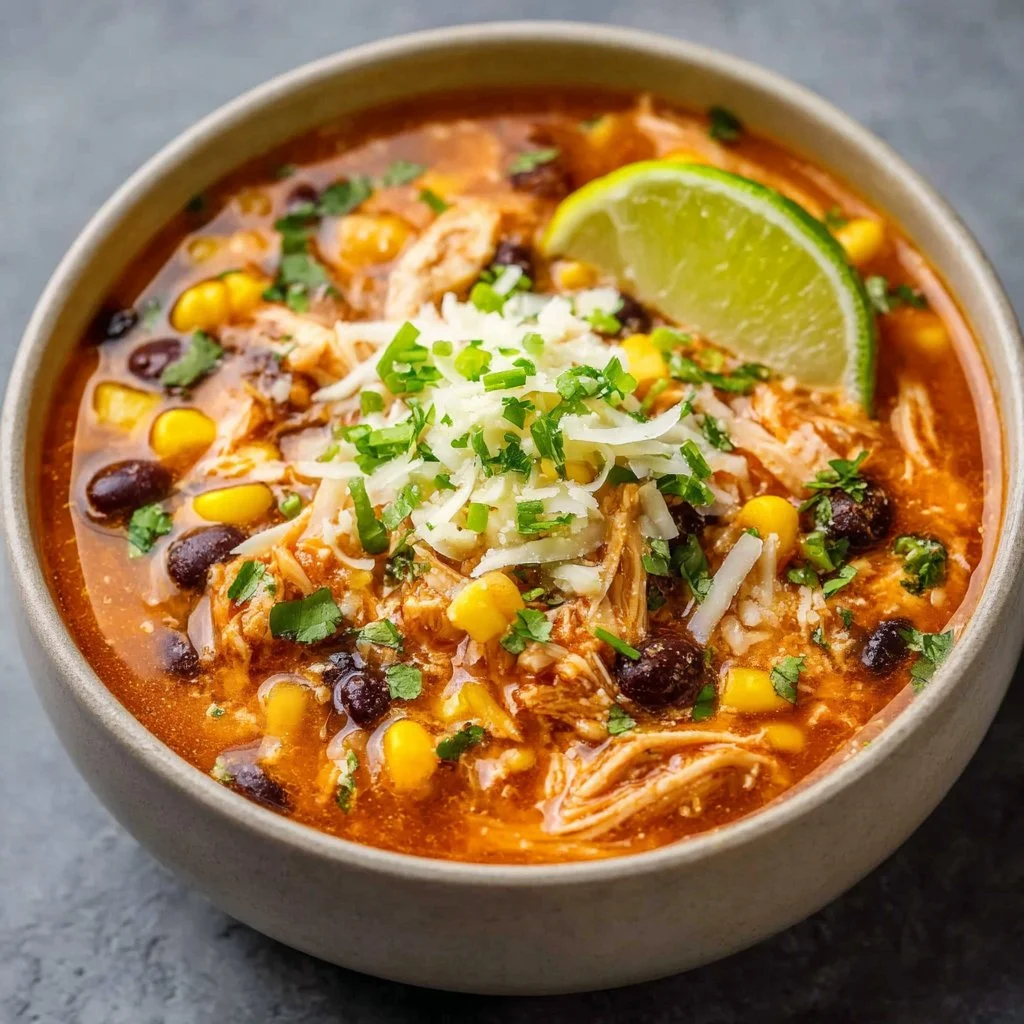 Easy Chicken Taco Soup 3 Bowl of easy chicken taco soup topped with cilantro and tortilla chips