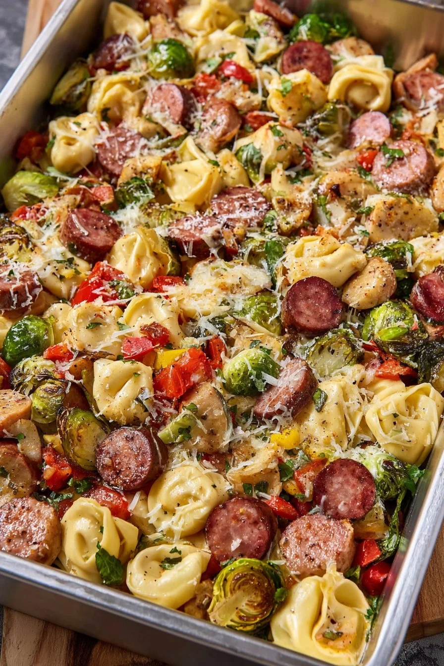 Easy Sheet Pan Tortellini and Kielbasa 3 Easy Sheet Pan Tortellini with Kielbasa recipe ready on a baking sheet