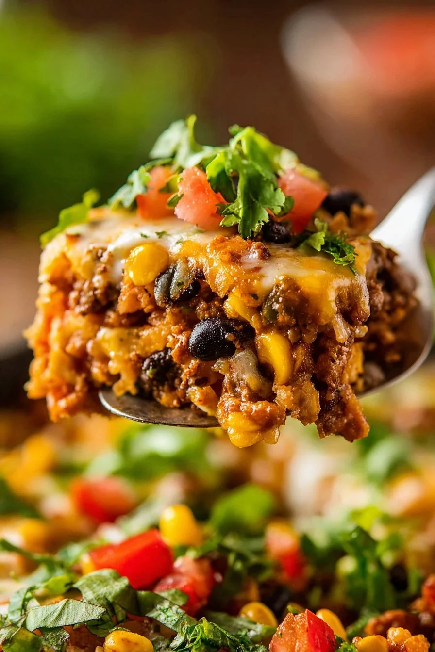 Easy Taco Casserole 3 Delicious easy taco casserole served in a baking dish with cheese and toppings