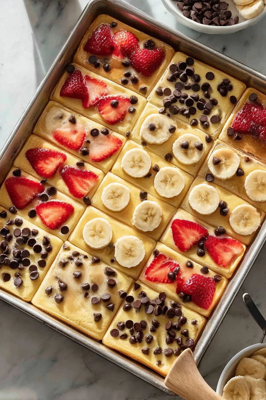 Fluffy Sheet Pan Pancakes 3 Fluffy sheet pan pancakes baked to perfection on a large baking sheet.