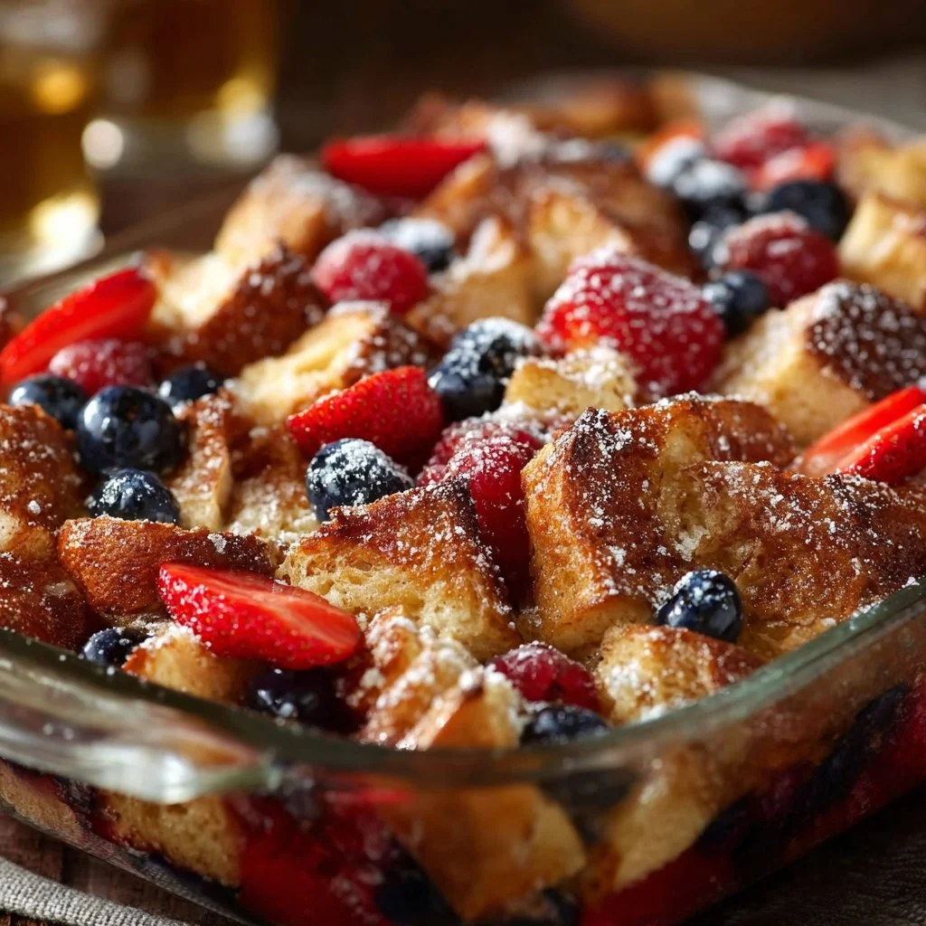 French Toast Casserole 3 Delicious French toast casserole topped with syrup and berries