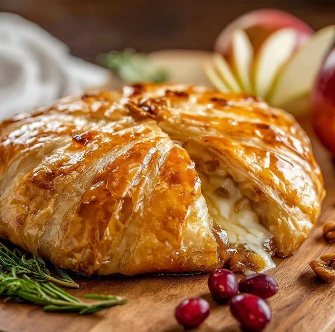 Gourmet Baked Brie in Puff Pastry 3 Gourmet Baked Brie in Puff Pastry served on a wooden board with fresh herbs.