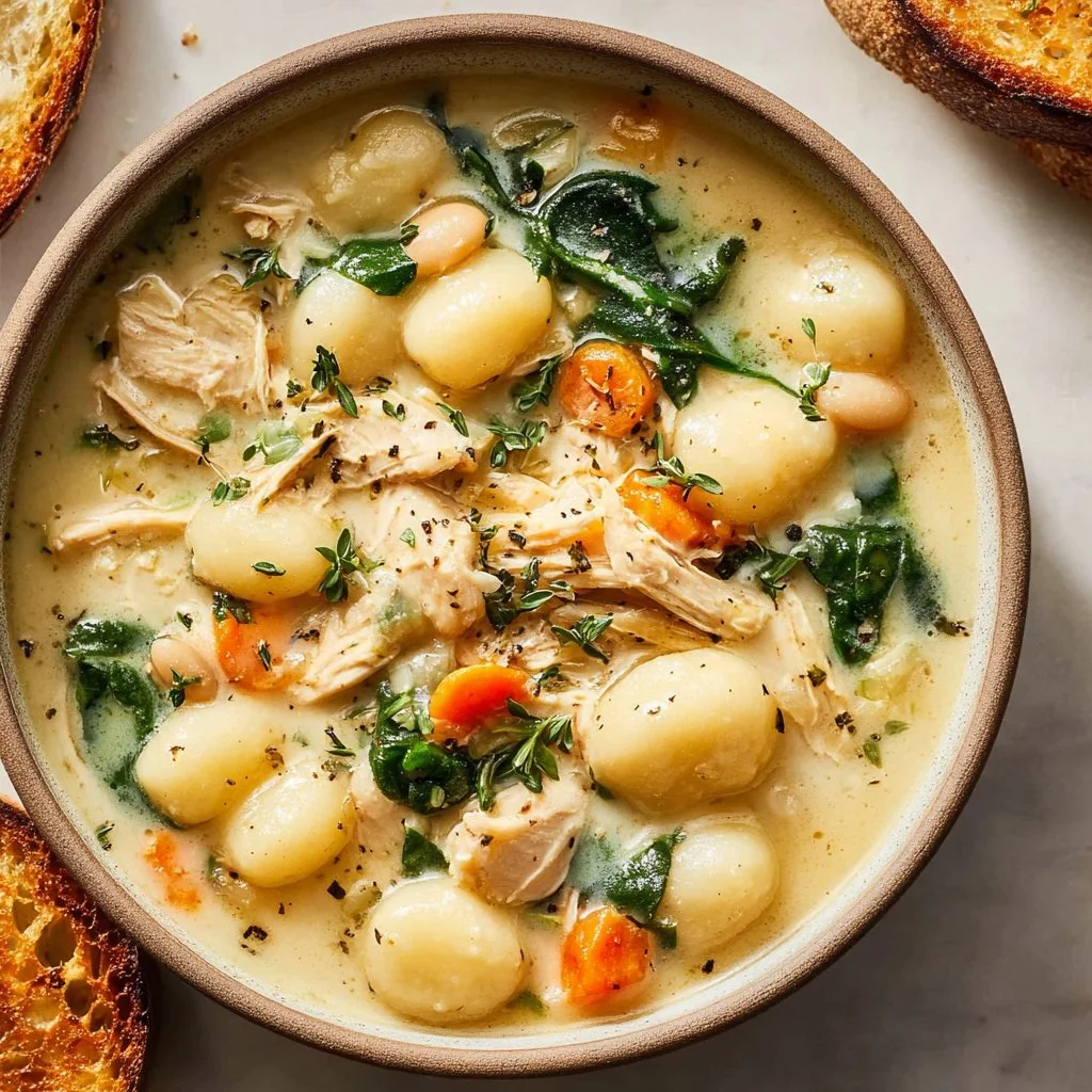 Healthy Rotisserie Chicken Gnocchi Soup 3 Bowl of healthy rotisserie chicken gnocchi soup with vegetables and herbs.