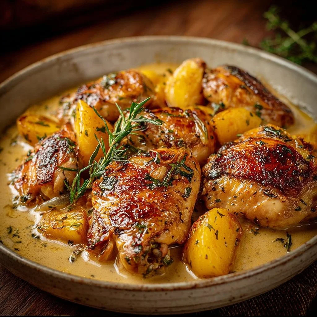 Herb Roasted Chicken in Creamy White Wine Sauce 3 Succulent herb roasted chicken served in a creamy white wine sauce with herbs.