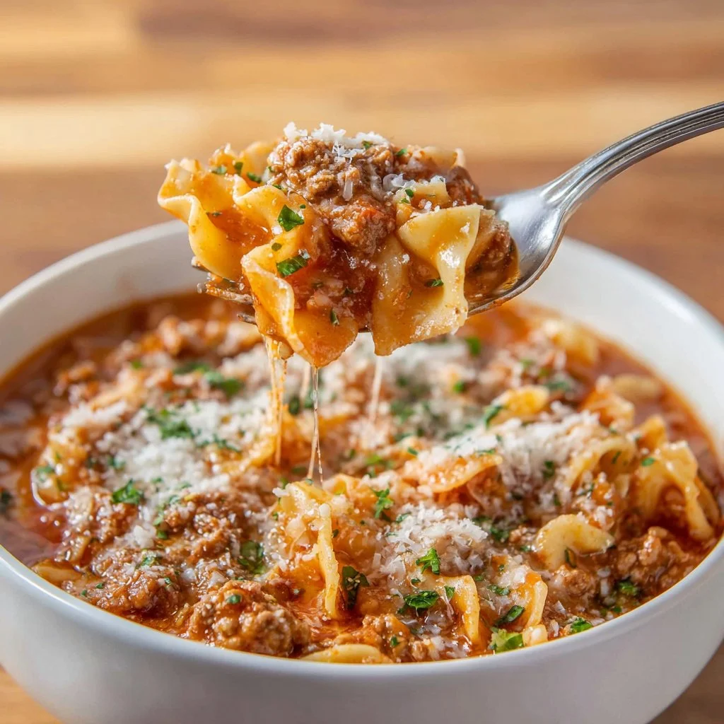 High Protein Lasagna Soup 3 Delicious high protein lasagna soup in a bowl with ingredients around it.