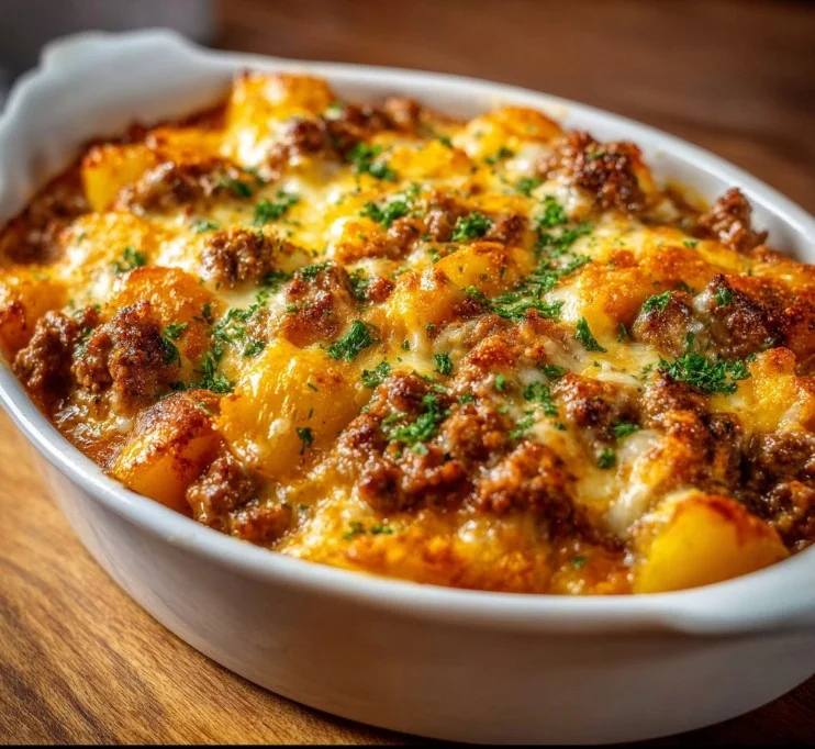 Hobo Casserole 3 Delicious Hobo Casserole served in a rustic dish with colorful vegetables and meat.