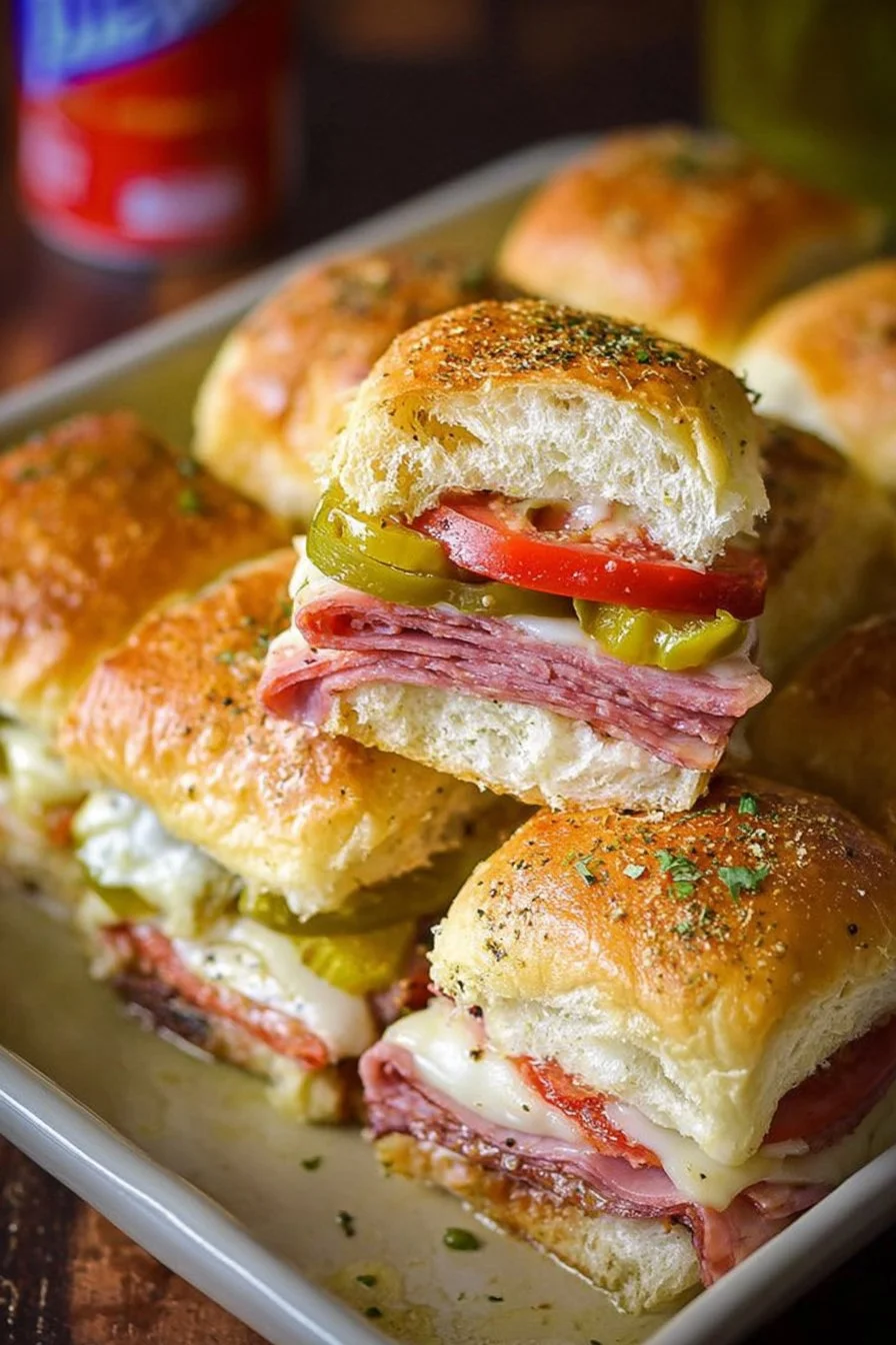 Hot Italian Sub Sliders 3 Hot Italian Sub Sliders loaded with meats and cheese on a toasted bun