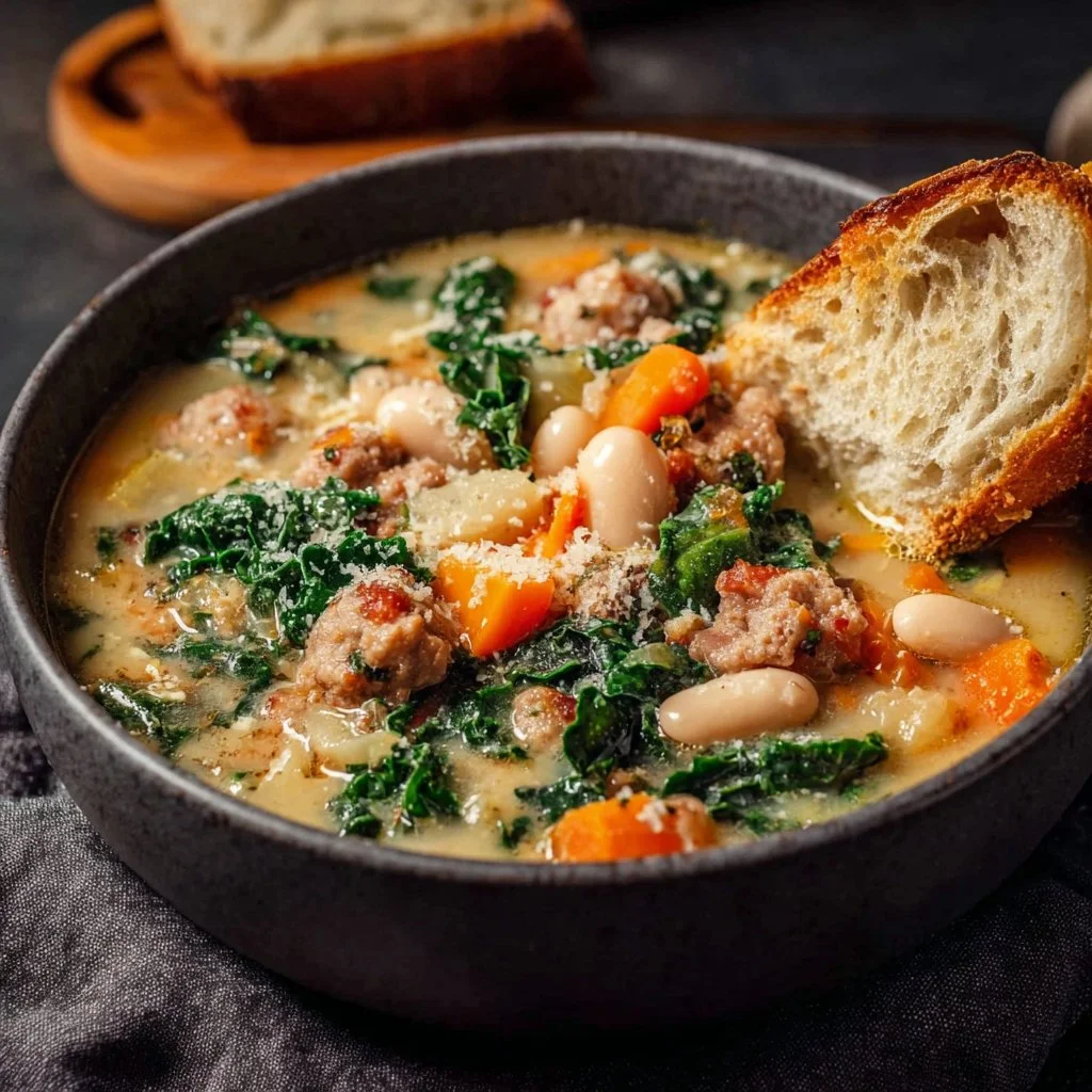 Italian Sausage and White Bean Soup 3 A bowl of Italian Sausage and White Bean Soup garnished with herbs