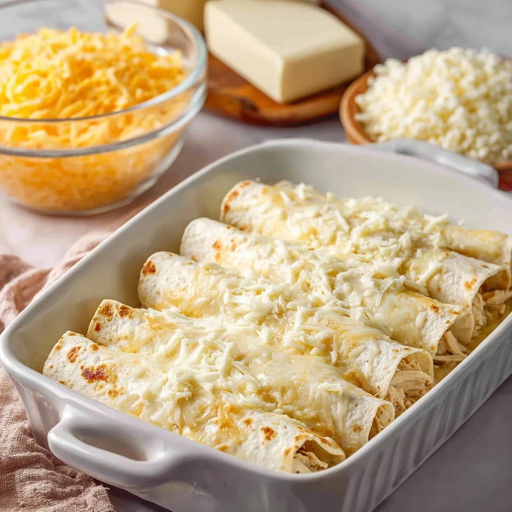 Low Carb White Chicken Enchiladas 3 Low Carb White Chicken Enchiladas baked with creamy sauce and topped with cheese