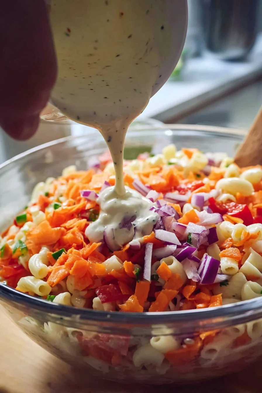 Macaroni Salad 3 Bowl of creamy Macaroni Salad with vegetables and dressing