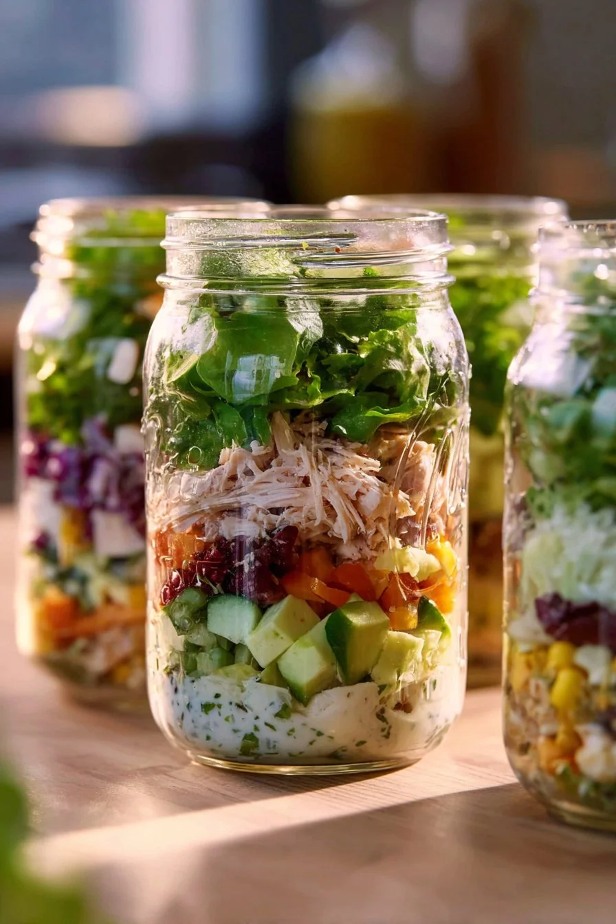 Mason Jar Cobb Salad 3 Mason Jar Cobb Salad with fresh ingredients for a healthy meal