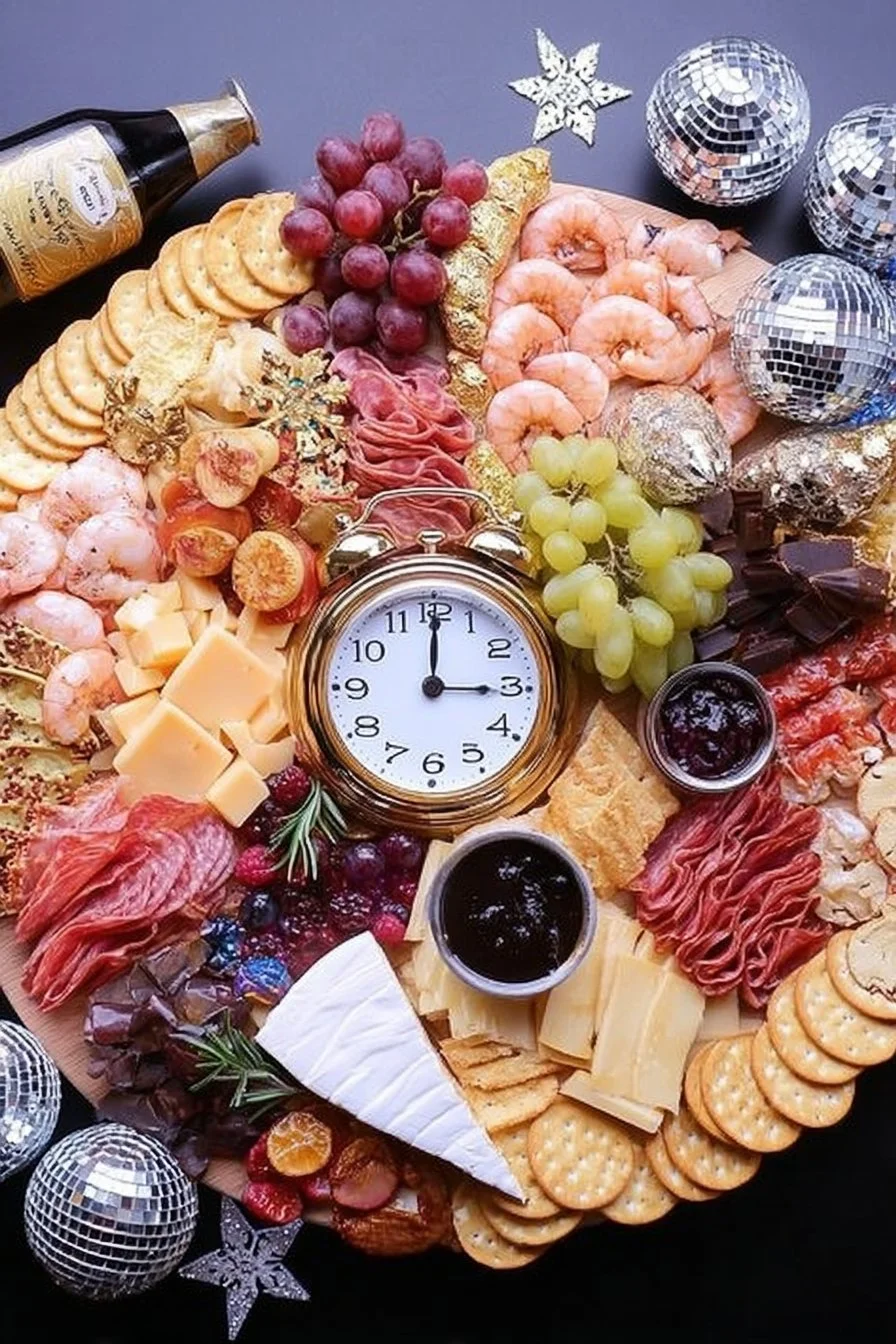 New Year Charcuterie Board 3 Delicious New Year charcuterie board with cheeses, meats, fruits, and nuts.
