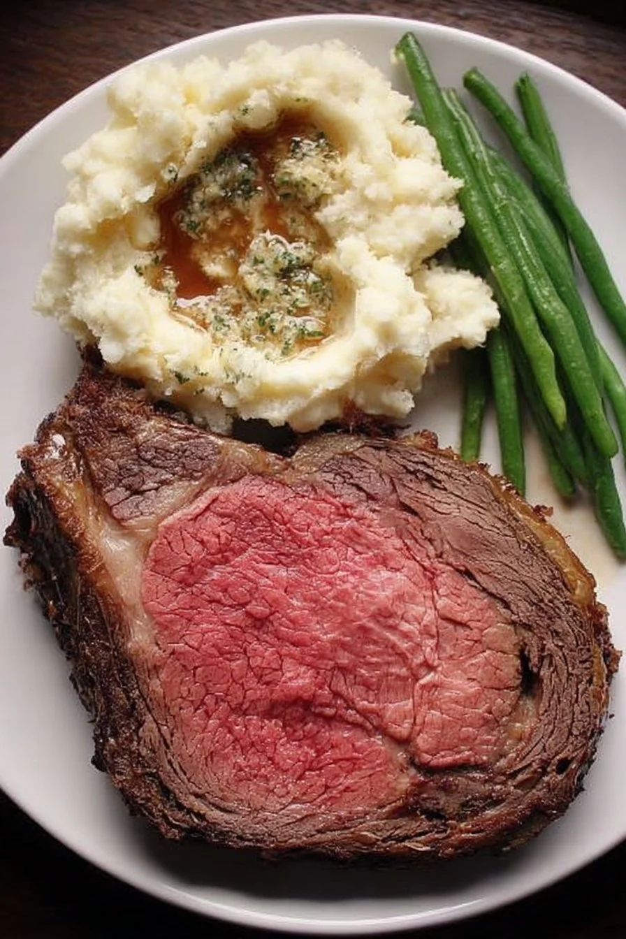 Prime Rib with Garlic Herb Butter 3 Delicious prime rib served with flavorful garlic herb butter on a plate