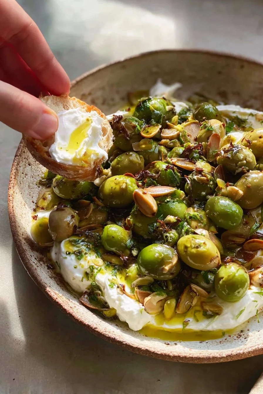 Ricotta with crushed olives, almonds & lemon 3 Ricotta cheese topped with crushed olives, almonds, and lemon zest.