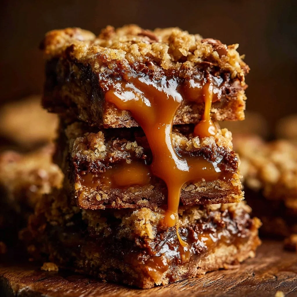 Salted Caramel Chocolate Chip Oat Cookie Bars 3 Delicious salted caramel chocolate chip oat cookie bars on a plate