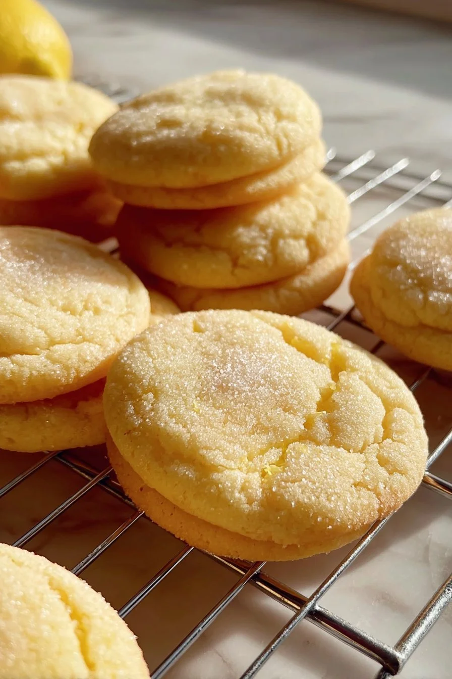 Soft & Chewy Lemon Cookies 3 Soft and chewy lemon cookies on a baking tray with fresh lemon slices