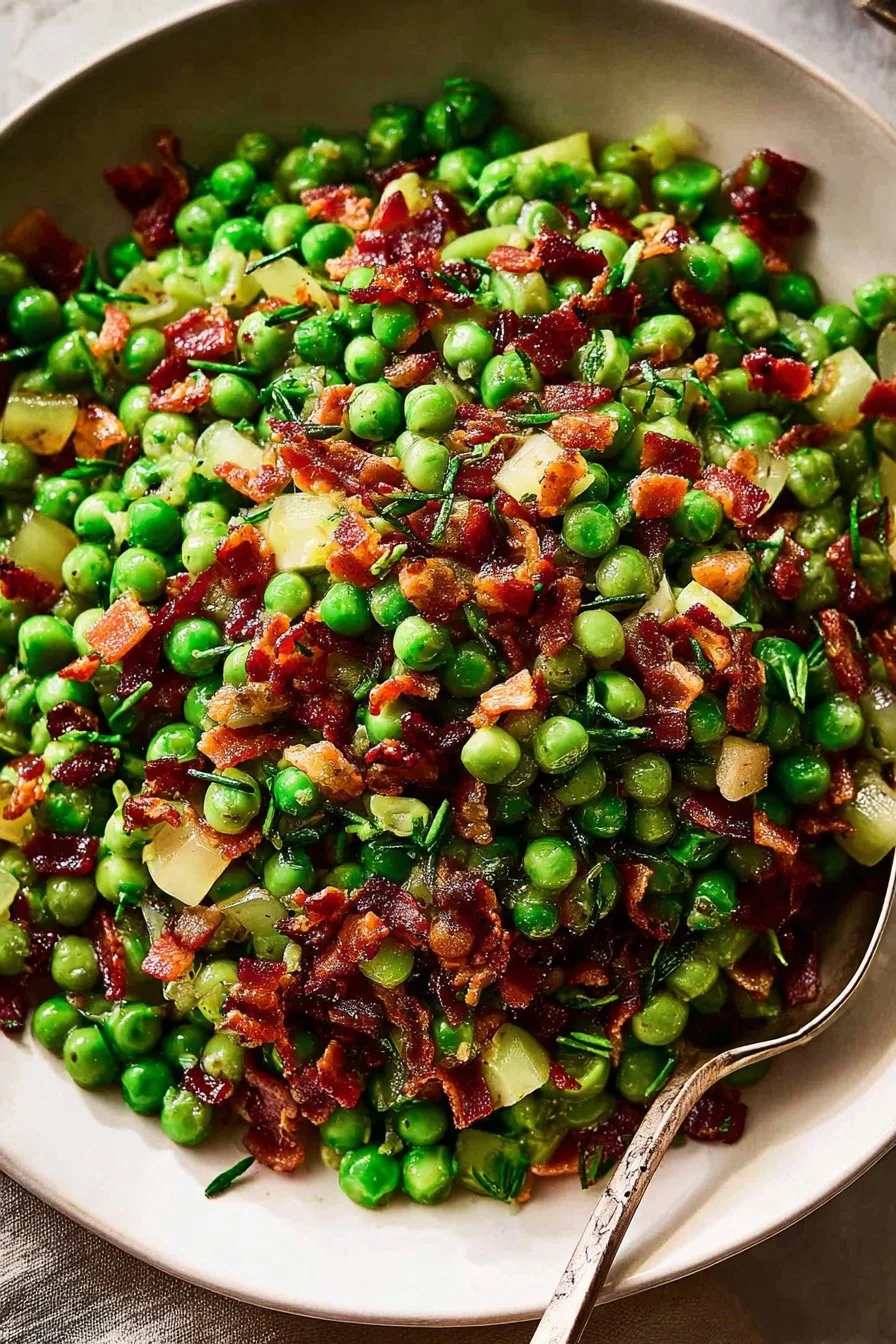 Thanksgiving Pea Salad with Pancetta and Pears 3 Thanksgiving Pea Salad with Pancetta and Pears served in a bowl