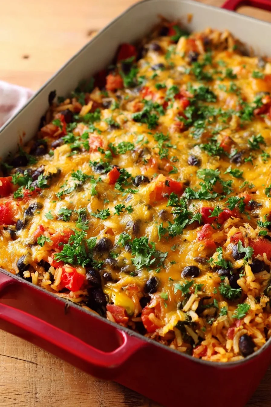 Veggie Packed Rice and Black Bean Casserole 3 Veggie packed rice and black bean casserole dish ready to serve