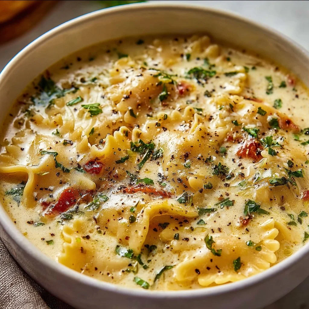 White Lasagna Soup 3 Bowl of creamy White Lasagna Soup topped with herbs and cheese