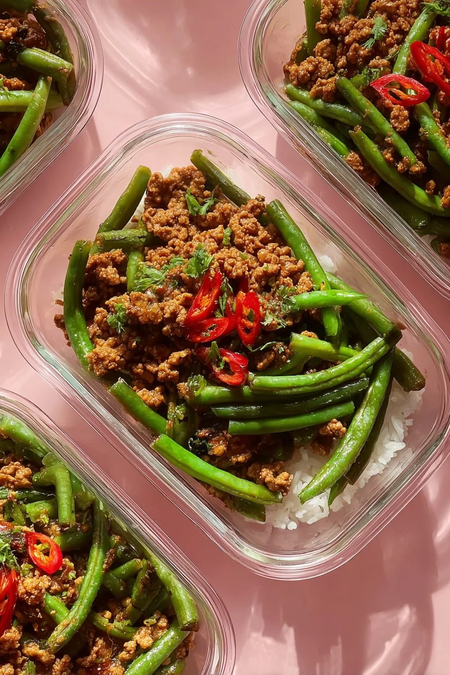 ASIAN CHILI GROUND TURKEY & GREEN BEAN BOWLS 1 Asian chili ground turkey and green bean bowls served in a vibrant dish