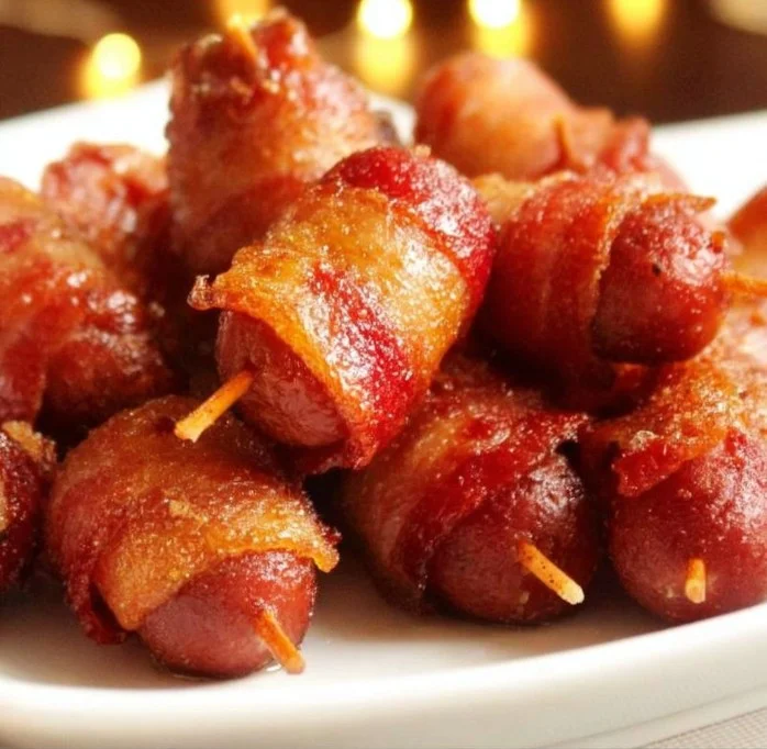 Bacon Wrapped Brown Sugar Smokies 3 Plate of bacon wrapped smokies baked with brown sugar