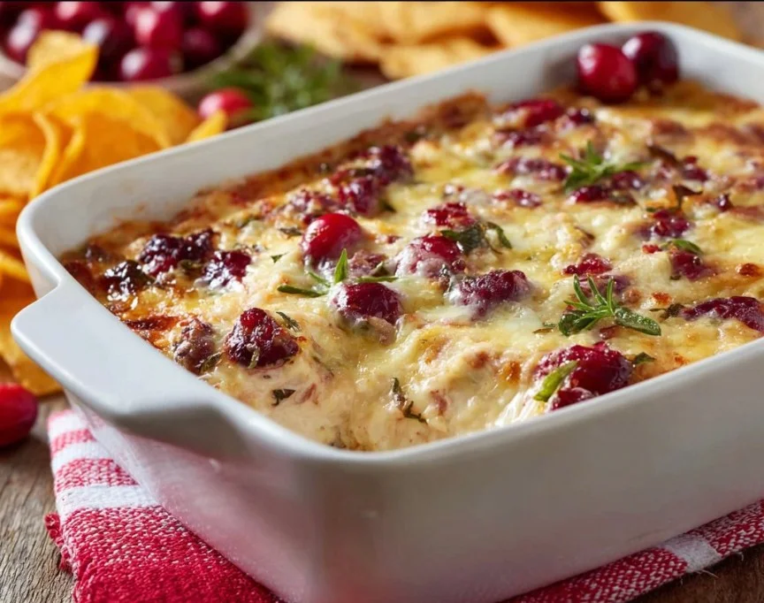 Best Baked Cranberry Cream Cheese Dip Recipe 3 Creamy baked cranberry cream cheese dip served in a dish with crackers